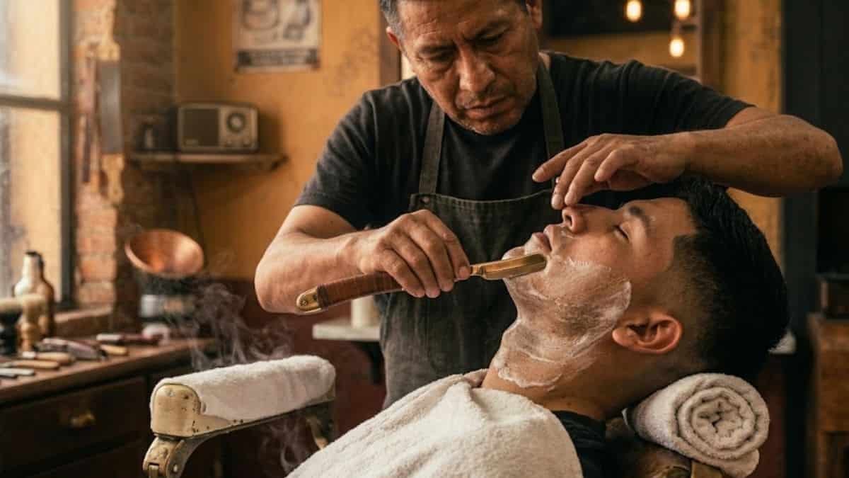Afeitado clásico con navaja y toalla caliente sobre el rostro de un cliente