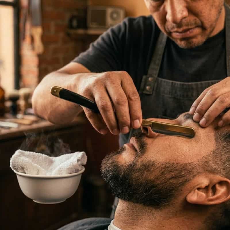 Barbero perfilando la barba de un cliente con navaja y toalla caliente