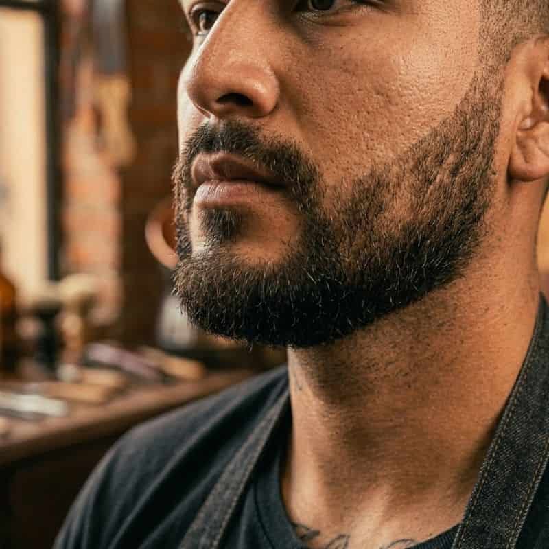 Barba completa recien perfilada y con aceite en un hombre