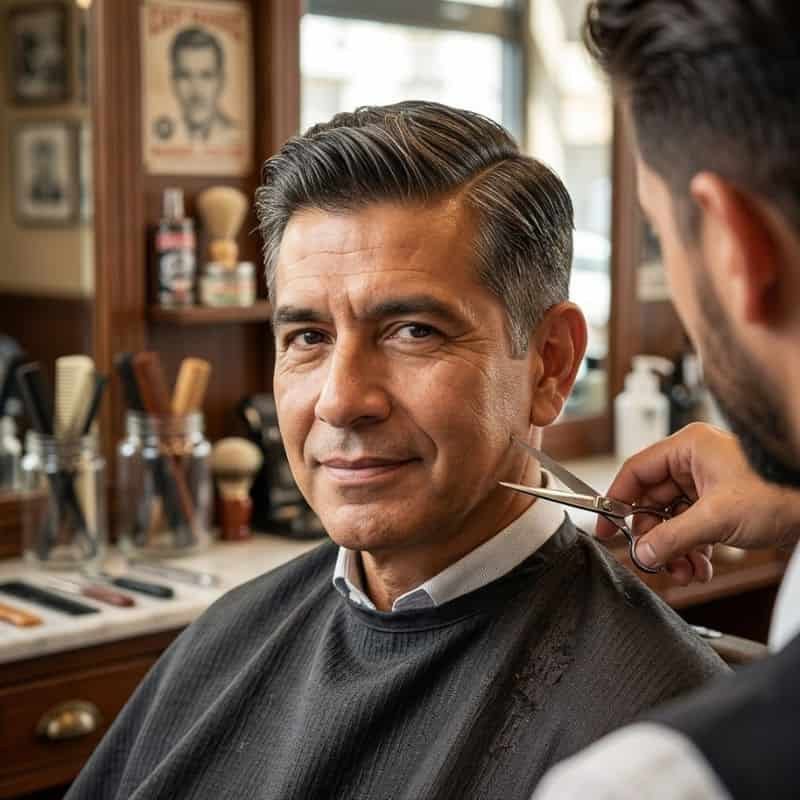 Corte clasico con raya a un costado en un senor de barberia