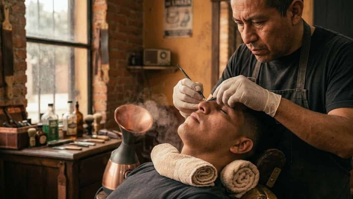 Extracción de puntos negros durante una limpieza facial a un hombre