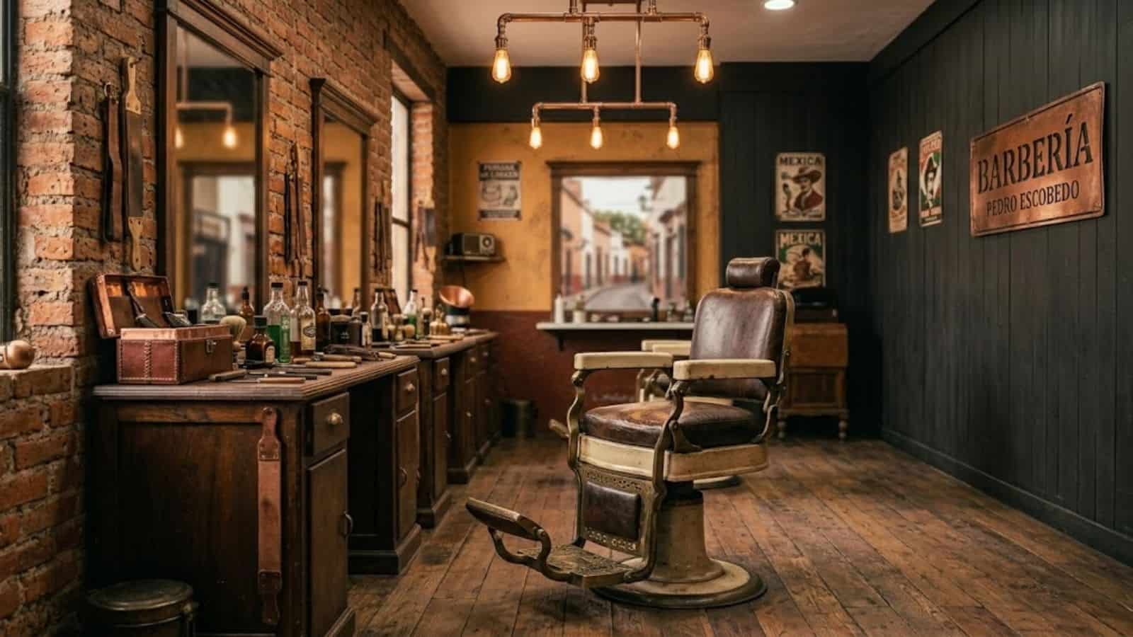 Interior de la barberia con silla clasica y detalles de cobre y madera